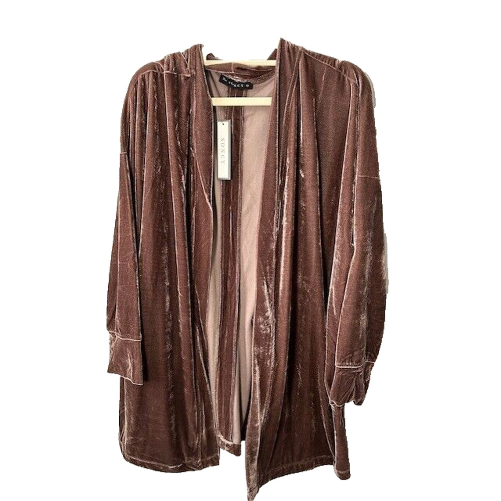 Soncy Cardigan Sweater Open Front Long Sleeves Shawl Collar Velvet Brown 1 NWT